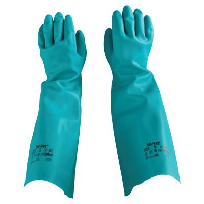 Ansell Solvex Nitrile Gloves, Gauntlet Cuff, Unlined, 22 mil, 18 in, Size 9, Green, 102945