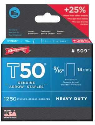 Arrow Fastener T50 Type Staples, 9/16 in L x 3/8 in W, 509