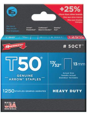 Arrow Fastener T50 Type Staples, 17/32 in L x 3/8 in W, 50CT