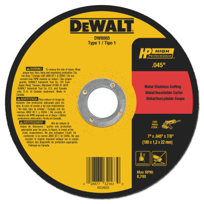 DeWalt® Type 1 Thin Metal Cutting Wheel, HP, 7 in dia x 0.045 in Thick x 7/8 in Arbor, 8,700 RPM, DW8065