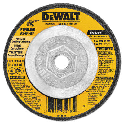 DeWalt® Type 27 HP Metal Grinding Wheel, 4-1/2 in dia, 5/8 in to 11 in, 13,300 RPM, DW4523