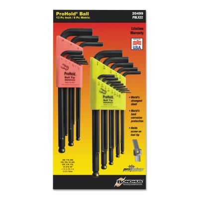 Bondhus?? ProHold Balldriver L-Wrench Hex Key Sets, 22 per set, Hex Ball Tip, Inch/Metric, 20499