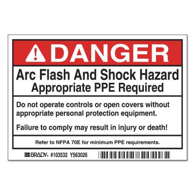 Brady® Arc Flash Labels, 5 in x 3 1/2 in, Danger - Arc Flash And Shock Hazard, Red, 103532