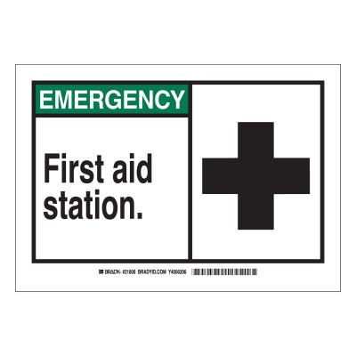 Brady EMERGENCY First Aid Station Signs,  10w x 7h, Black/Green, 21806