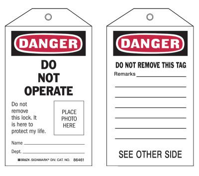 Brady® Self-Laminating Tag, 3 in W x 5-3/4 in H, Polyester, Danger, Do Not Operate, Includes Rever Side, Black/Red on White, 65501