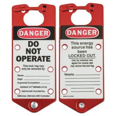 Brady® Labeled Lockout Hasps, 0.3125 in Dia Shackle, 3w x 0.157d x 7.512h, Red, 22075-R