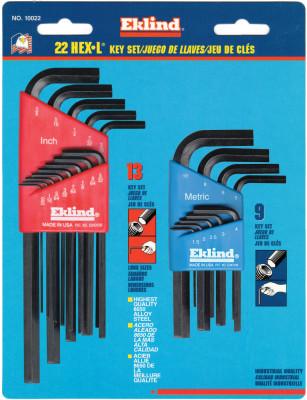Eklind® Tool Hex-L® Key Set, 22 per card, Hex Tip, Inch/Metric, Short and Long Arms, 10022