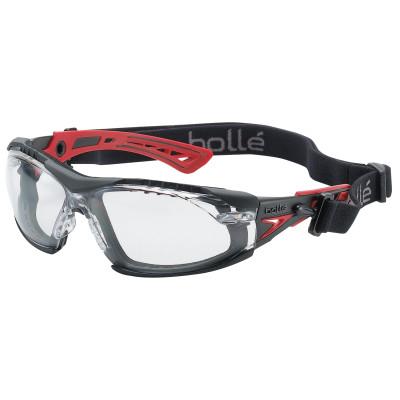 Bolle Rush+ Series Safety Glasses, Clear Lens, Anti-Fog/Anti-Scratch, Black/Red Temple, 40252