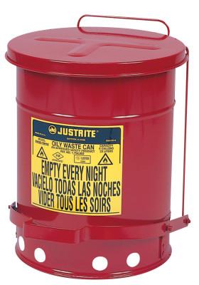 Justrite Red Oily Waste Can, 6 Gal, Red, Foot Operated Cover, 09100