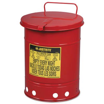 Justrite Red Oily Waste Cans, Hand Operated Cover, 10 gal, Red, 09310