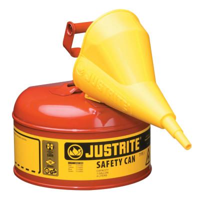 Justrite Type I Safety Cans w/Funnel, Flammables, 1 gal, Red, 7110110