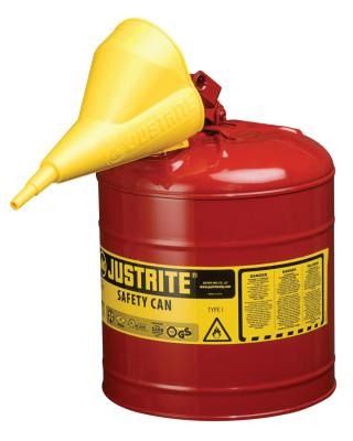 Justrite Type I Steel Safety Can, Flammables, 2 gal, Red, with Funnel, 7120110