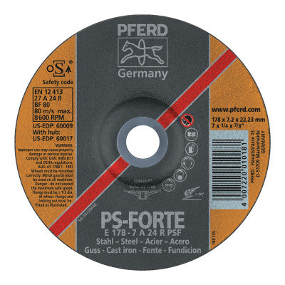 Pferd A24R PSF Grinding Wheels, 5" Dia, 1/4" Thick, 5/8in Arbor, Alum Oxide, 10/pk, 60015