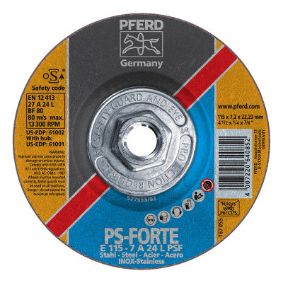 Pferd Depressed Center Wheel, 4 1/2 in Dia, 1/4 Thick, 5/8 Arbor, 24 Grit Alum. Oxide, 61001