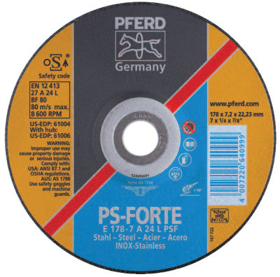 Pferd Depressed Center Wheel, 5 in Dia, 1/4 in Thick, 7/8 Arbor, 24 Grit Alum. Oxide, 61003