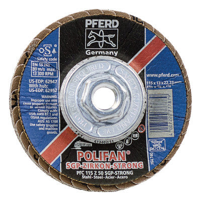 Pferd POLIFAN Flap Discs, 4 1/2 in, 50 Grit, 5/8 Arbor, 13,300 rpm, 62952