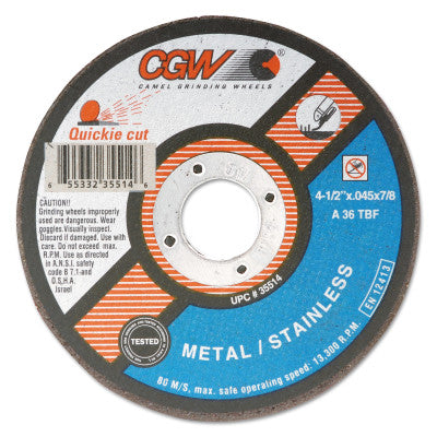 CGW Abrasives Quickie Cut™ Extra Thin Cut-Off Wheel,5 in Dia, 0.045 in Thick, 7/8 in Arbor ,36 Grit Alum. Oxide, 35516