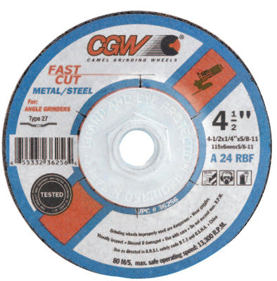CGW Abrasives Depressed Center Wheel, 4 1/2 in Dia, 1/4 in Thick, 24 Grit, Alum. Oxide, 36255