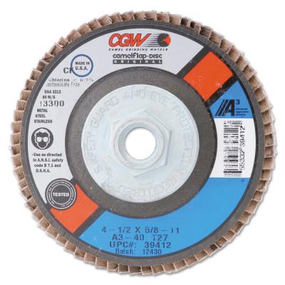 CGW Abrasives Flap Discs, A3 Aluminum Oxide, XL, 4 1/2 in, 40 Grit, 5/8 Arbor, 13,300 rpm, T29, 39472