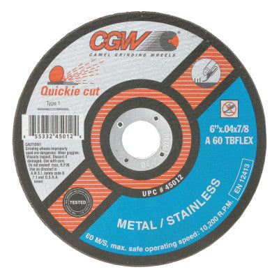 CGW Abrasives Extra Thin Cut-Off Wheel, Type 1, 6 in Dia, .04 in Thick, 7/8 in Arbor, 60 Grit, 45012