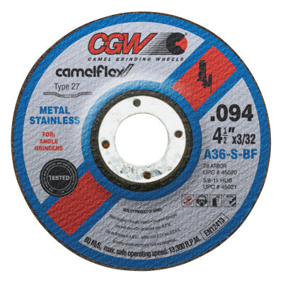 CGW Abrasives Thin Cut-Off Wheel, 4 1/2 in Dia, 3/32 in Thick, 5/8 Arbor, 36 Grit Alum. Oxide, 45021