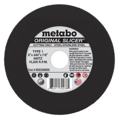 Metabo Original Slicer Cutting Wheel, Type 1, 6 in dia, 0.045 in Thick, 60 Grit, Aluminum Oxide, 655339000