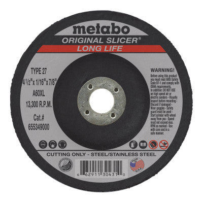 Metabo Slicer Cutting Wheel, Type 27, 4 1/2 in Dia, 1/16 in Thick, 36 Grit Alum. Oxide, 55349
