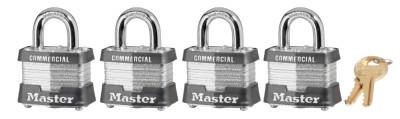 Master Lock No. 3 Laminated Steel Pin Tumbler Padlocks, 9/32" Dia., 3/4" L X 5/8" W, 4/PK, 3QCOM