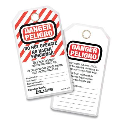 Master Lock® Do Not Operate Safety Tags, Spanish/English, 3-1/8 in W, 5-3/4 in H, White/Black/Red, 497AX