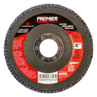Carborundum Premier Red Zirconia Alumina Type 27 Flap Discs, 4 1/2", 60 Grit, 7/8 in Arbor, 05539563743
