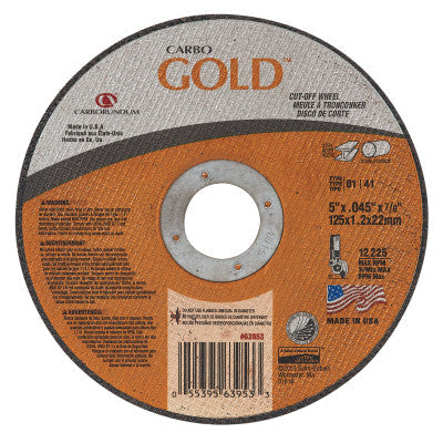Carborundum Carbo™ GoldCut™ Reinforced Aluminum Oxide Abrasive, 5 in Dia, 0.045 in Thick, 7/8 in Arbor, 60 Grit, 05539563953