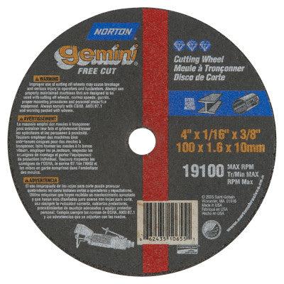 Saint-Gobain Gemini Type 1 Reinforced Cut-Off Wheel, 4 in dia, 1/16 in Thick, 3/8 in Arbor, 36 Grit, Aluminum Oxide, 66243510655