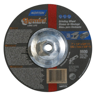 Saint-Gobain Gemini Depressed Center Wheel, 7" Dia, 1/4" Thick, 5/8" Arbor, 24 Grit, 66252940148