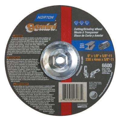 Saint-Gobain Gemini Depressed Center Wheel, 9" Dia, 1/8" Thick, 5/8" Arbor, 24 Grit, 66253048983