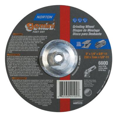 Saint-Gobain Gemini Depressed Center Wheel, FastCut, 9" Dia, 1/4" Thick, 5/8" Arbor, 66253049105