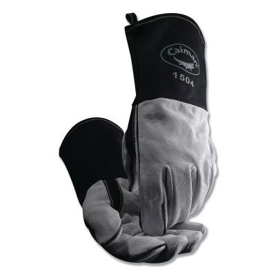 Caiman 1504 Cow Split Flame Resistant Cotton Cuff MIG/Stick Welding Gloves, Large, Black/White, 4 in Gauntlet Cuff, 1504-1