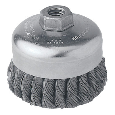 Weiler® Single Row Heavy-Duty Knot Wire Cup Brush, 4 in Dia., 5/8-11 UNC, .014 Steel, 12306