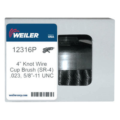 Weiler® Single Row Heavy-Duty Knot Cup Brush, 4 in Dia., 5/8-11, .023 Wire, Display Pack, 12316P