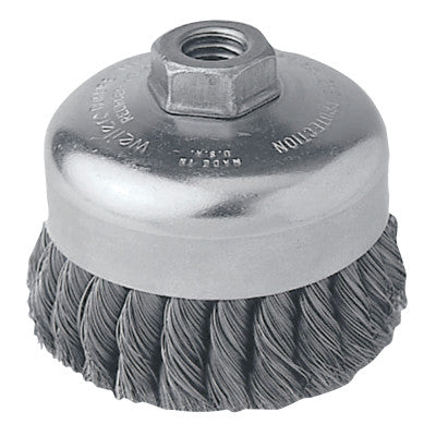 Weiler® Single Row Heavy-Duty Knot Cup Brush, 4 in Dia., 5/8-11, .023 Steel, Retail Pack, 12316