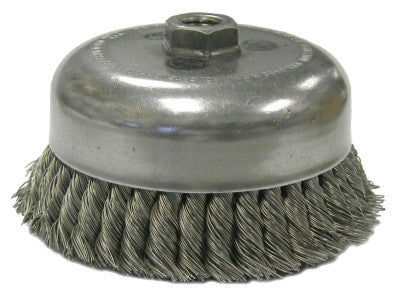 Weiler® Single Row Heavy-Duty Knot Wire Cup Brush, 5 in Dia., 5/8-11, .023 Steel, Display Pk, 12276P