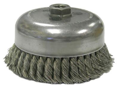 Weiler® Double Row Heavy-Duty Knot Wire Cup Brush, 6 in Dia., 5/8-11 UNC Arbor, .023 in Stainless, 12636