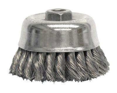 Weiler® Double Row Heavy-Duty Knot Wire Cup Brush, 4 in Dia., 5/8-11 UNC Arbor, .02 Stainless Steel, 12726