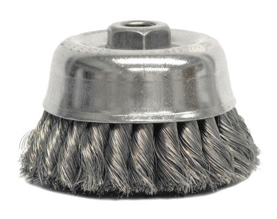 Weiler® Heavy-Duty Knot Wire Cup Brush, 4 in Dia., 5/8-11 UNC Arbor, .02 in Steel Wire, 12766
