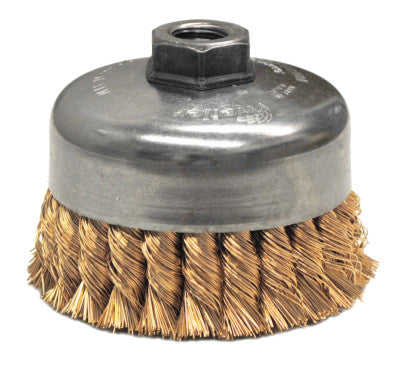 Weiler® Single Row Heavy-Duty Knot Wire Cup Brush, 4 in Dia., 5/8-11 UNC, .02 in Bronze, 12776