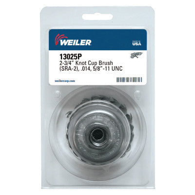 Weiler® Single Row Heavy-Duty Knot Wire Cup Brush, 2 3/4 in Dia., 5/8-11 UNC, .014 Steel, 13025P
