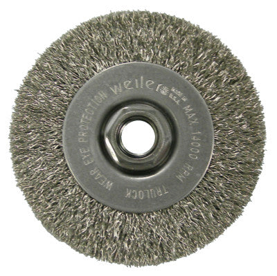 Weiler® Crimped Wire Wheel, 4 in D x 1/2 in W, .014 in Stainless Steel Wire, 14,000 rpm, 13085