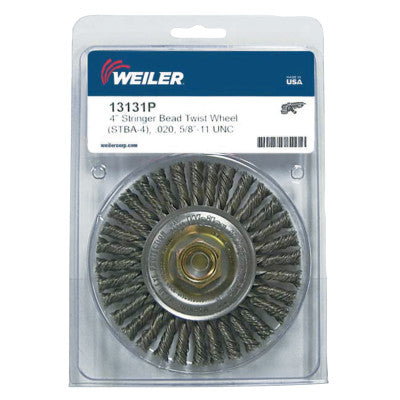 Weiler® Roughneck® Stringer Bead Wheel, 4 in D x 3/16 in W, .02 Steel Wire, Retail Pack, 13131P
