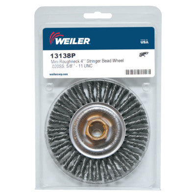 Weiler® Roughneck® Stringer Bead Wheel, 4 in D x 3/16 W, .02 Stainless Wire, Retail Pack, 13138P