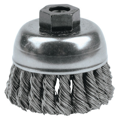 Weiler® Single Row Heavy-Duty Knot Wire Cup Brush, 2 3/4 Dia., M10 x 1.25, .02 Stainless, 13253