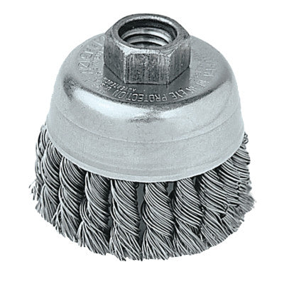 Weiler® Single Row Heavy-Duty Knot Wire Cup Brush, 2-3/4 dia, 5/8 to 11 UNC, 0.02 Stainless, 13258